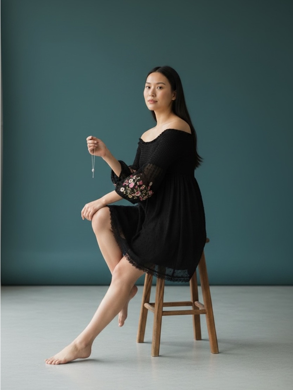 Zara Black Off-Shoulder Embroidered Sleeve Dress